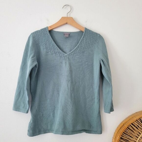 Ann Taylor Factory Sweaters - Ann Taylor Blue Cotton Blend Sweater Pointelle Yoke Large Petite